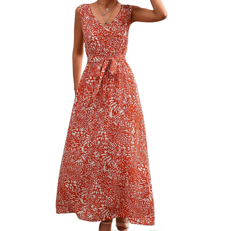 V Neck Belted Dress Floral Print Side Pockets Long Length Women Sleeveless Dress for Summer Spring Orange XXL_-sy_-sy | Fruugo SG