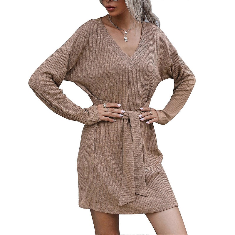 Woman Knit Sweater Dress V Neck Loose Polyester Long Sleeve Autumn Short Pure Color Tie Waist Pullover Dresses for Daily Khaki L_-sy_-sy | Fruugo SG
