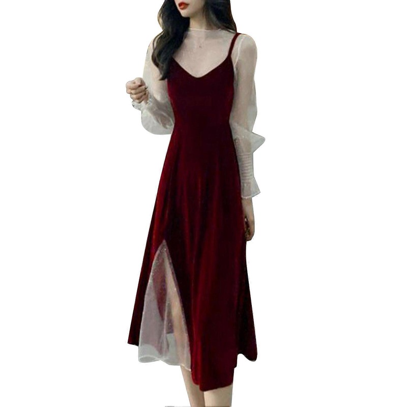 Women Dress 2 Pieces Spaghetti Straps V Neck Split Hem High Waist Loose Summer Dress Wine Red S_-sy_-sy | Fruugo SG