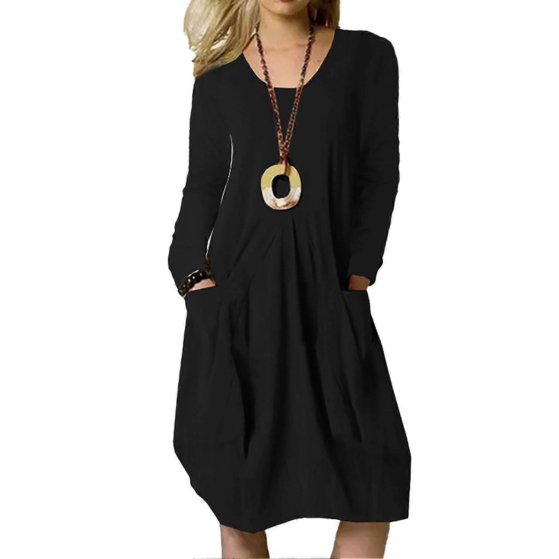 Women Dress Front Pleated Long Sleeve Crewneck Pure Color Casual Loose Dress with Pockets for Spring Autumn Black XL_-sy_-sy | Fruugo SG
