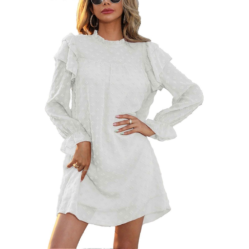 Women Fall Dress Long Lantern Sleeve Frill Trim Stand Collar Ruffle Trim Pure Color Dress for Female Lady Beige S_-sy_-sy | Fruugo SG