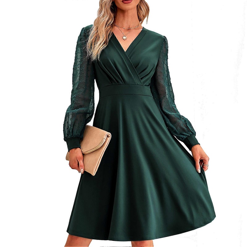 Women Jacquard Long Sleeve Dress High Waist Cross V Neck A Line Dress for Daily and Formal Wear Green XL_-sy_-sy | Fruugo SG