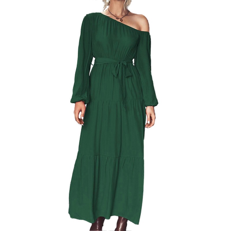 Women Long Dress One Shoulder Wide Ruffle Hem Belted Lantern Long Sleeve Pure Color Dress for Lady Green XL_-sy_-sy | Fruugo SG