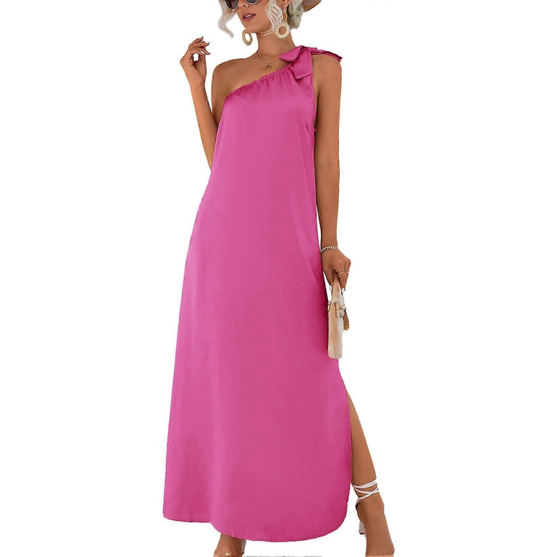 Women One Shoulder Strap Dress Sleeveless Side Slit Pure Color Casual Maxi Dress for Daily Wear Rose Red M_-sy_-sy | Fruugo SG
