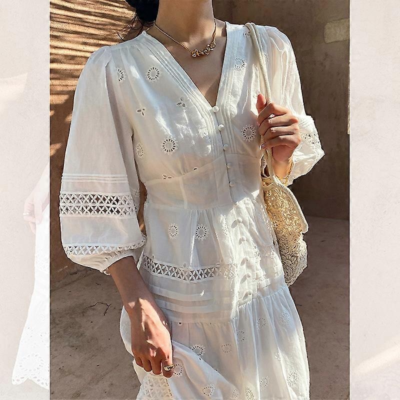 Women’s Embroidered Eyelet Lantern Sleeve V-neck White Maxi Dress 2024 Spring/Summer Vaction Beach Dress | Fruugo SG