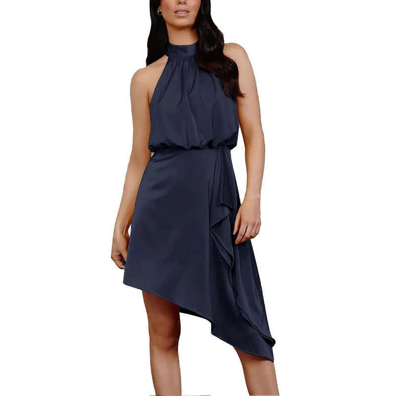 Women’s Summer Satin Short Dress Sleeveless Halter Neck Irregular Hem Ruffle Mini Evening Dress for Party Wedding Date Purplish Blue S_-sy_-sy | Fruugo SG