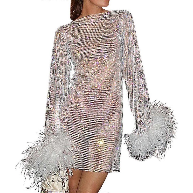Women Sexy Feather Mesh Sheer Dress Fashion Sequin Shinny Party Club Dress Long Sleeve Mini Dress – White | Fruugo SG