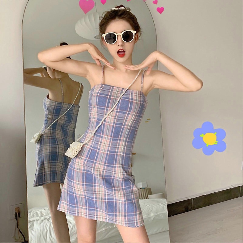 Women Spaghetti Strap Slim Dress Plaid Printed Skintight Short Dress for Summer Wear Picture Color L_-sy_-sy | Fruugo SG