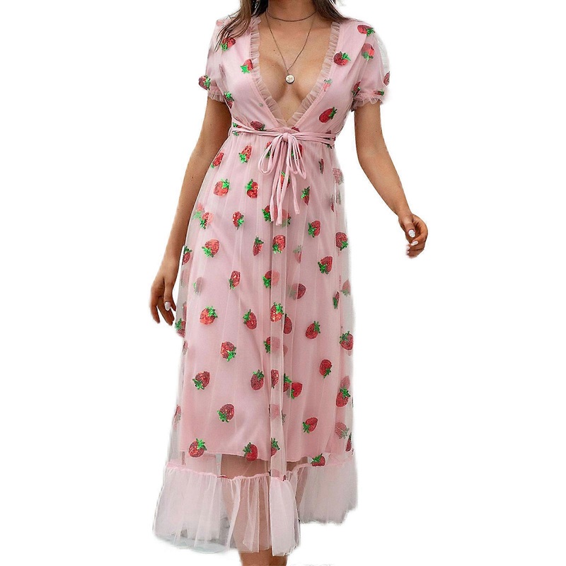 Women Strawberry Print Dress Sexy Deep V Neck Dress Stylish Flounce Mesh Dress Plus Size Vacation Dress for Summer Party  Pink XL | Fruugo SG