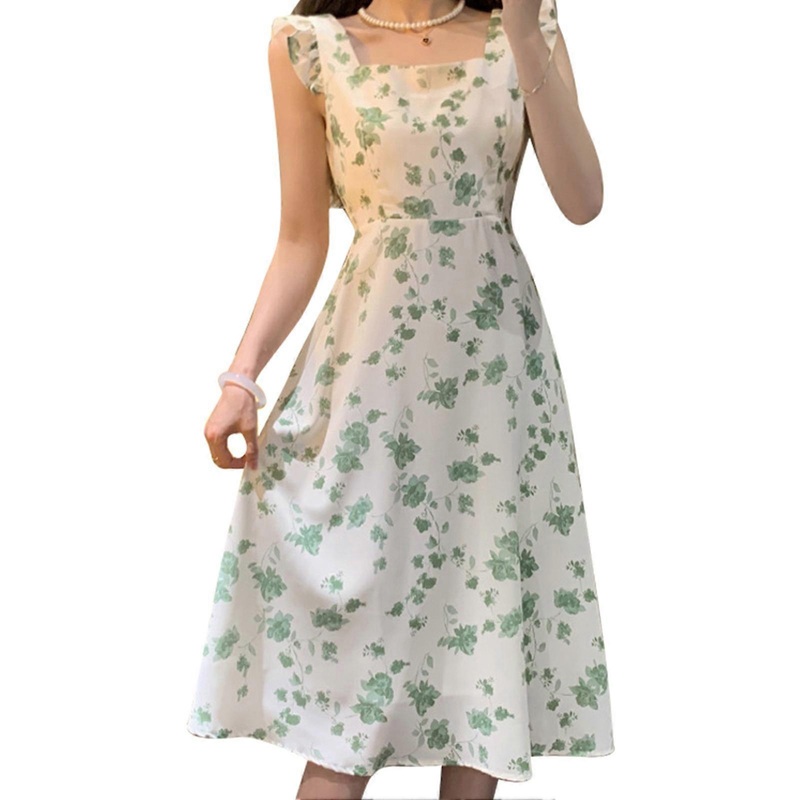Women Summer Floral Print Dress Fashion Sweet Slimming Women Quadrate Neck Ruffle Dress for Date Beach Travel Dress S_-sy_-sy | Fruugo SG