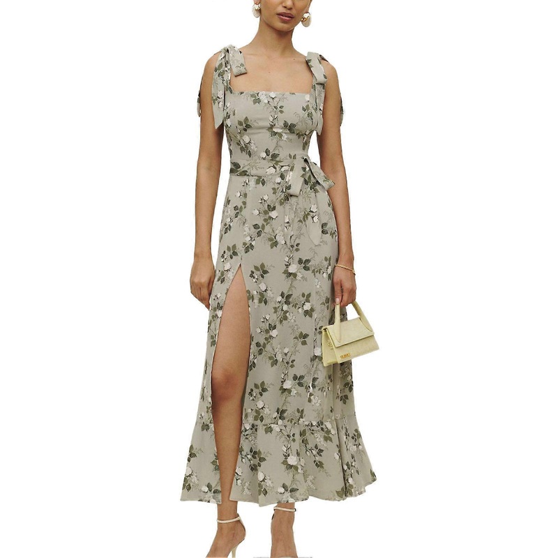 Women Summer Quadrate Neck Dress Fashionable Elegant Side Split Tie Strap Women Floral Print Dress for Daily Party Greyish Green M_-sy_-sy | Fruugo SG