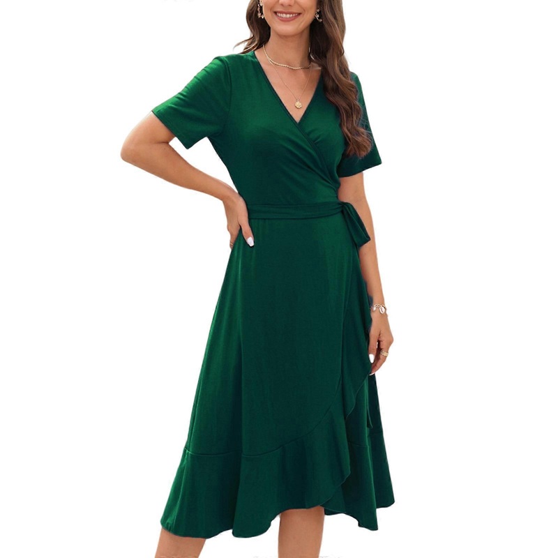 Womens Short Sleeves Dress Fashion High Waisted Dress Solid Color Beach-Dress Summer Holiday Dress V-Neck Party Dress  Green XL | Fruugo SG