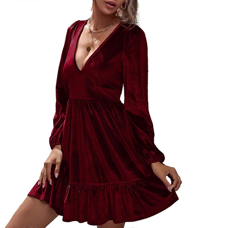 Womens Vintage Puff Long Sleeve Sexy Deep V-Neck High Waist Midi Dress Ruffle Flared Hem A-Line Slim Fit Swing Dresses  Burgundy XS | Fruugo SG