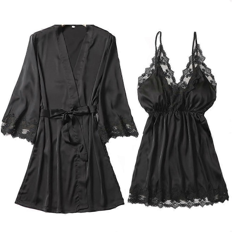2025 Latest Model  2PCS Women Lace Trim Silk Nightgown and Robe Set for Women | Fruugo SG