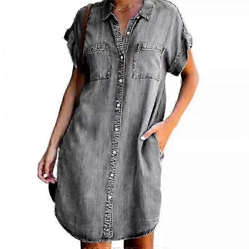 Arrival Summer Women Denim Dress Short Sleeves Loose A-Word Dresses S V-neck Solid Denim Dresses Shirt Dress 17139 | Fruugo SG