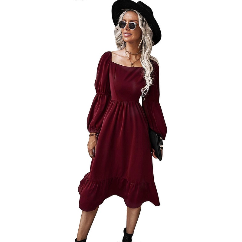 Beautiful French Long Sleeves Dress for Women Elegant Square Neck Dress A-line Maxi Dress Autumn Holiday Party Dress  Burgundy XL | Fruugo SG