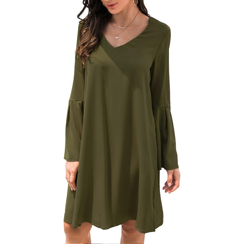 Bell Sleeve Dress V Neck Bell Long Sleeves Simple Stylish Comfortable Loose Casual Dress for Daily Life Green S_-sy_-sy | Fruugo SG