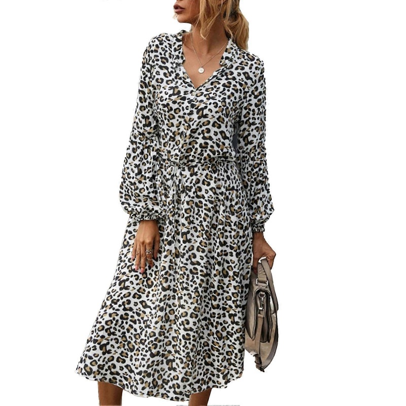 Dress Leopard Stand Collar Floral Print Long Lantern Sleeve Medium Length Dress for Lady White S_-sy_-sy | Fruugo SG