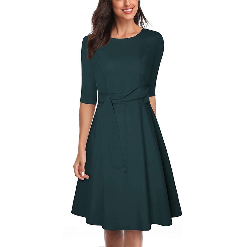 Dress Round Neck Half Sleeve Tie Waist Flowy Swing Antique Elegant Dress for Women Green S_-sy_-sy | Fruugo SG