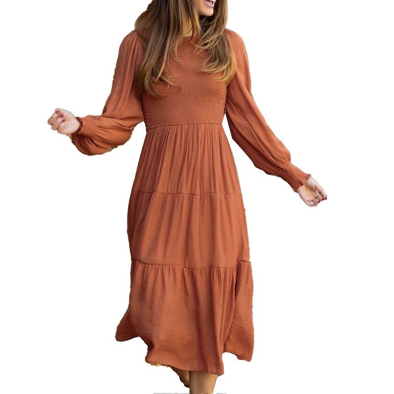 Dress Shirred Bust Cuff Plain Lantern Sleeves Stylish Comfortable Mid Length Women Dress Khaki XL_-sy_-sy | Fruugo SG