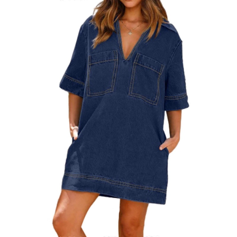 Eye Catching Womens Dress Half Sleeve Deep V Neck Dress with Pockets Casual Loose Jean Dresses Suitable for Summer  XL Navy blue | Fruugo SG