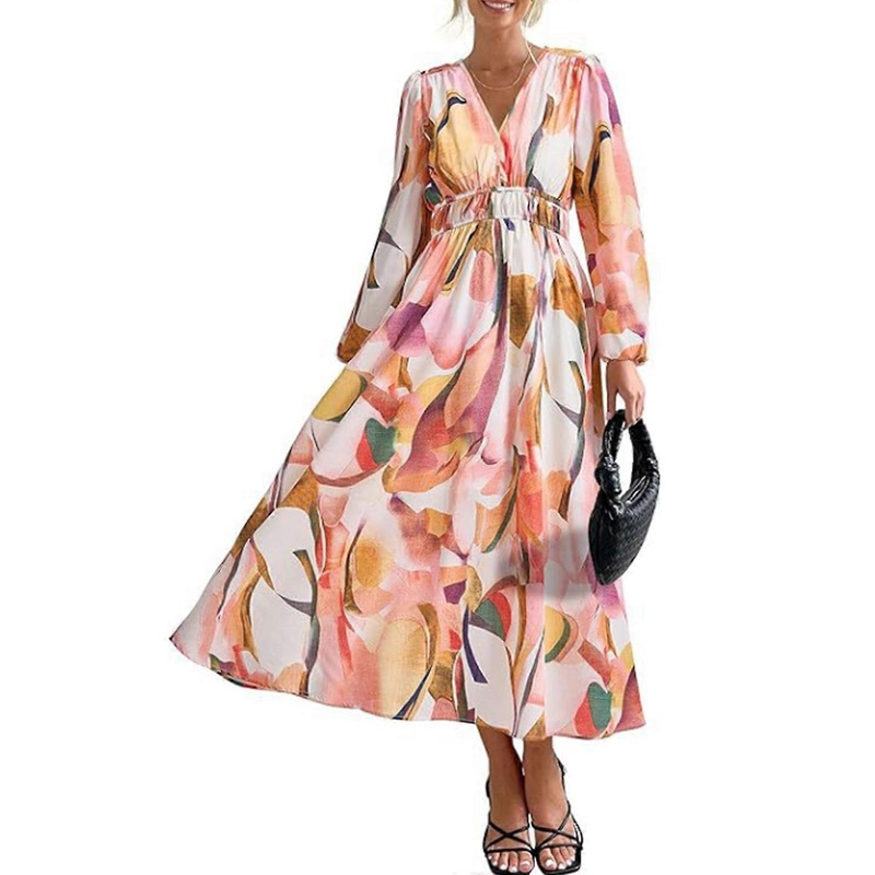 Fashion-Boho Floral Dress for Women Summer V-Neck Dress Girl Party Dress Long Lantern Sleeves Dress Female Holiday Dress  evening glow M | Fruugo SG