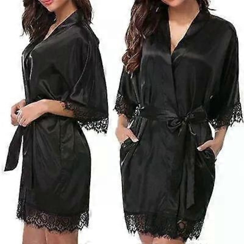Faux Silk Half Sleeve Robe-Sexy Night Dress for Women,Black M Black,M | Fruugo SG