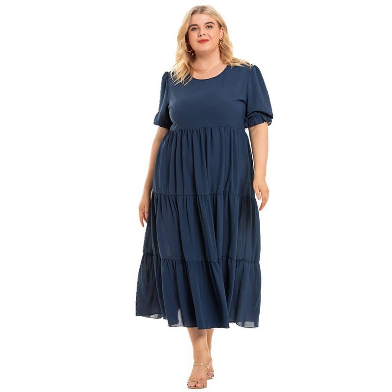 Female Short Sleeves Dress Flowy Tiered Maxi Dress Boho Round Neck for Sun Dress Plus Size Vacation Dress for Summer Par  Blue XXXL | Fruugo SG
