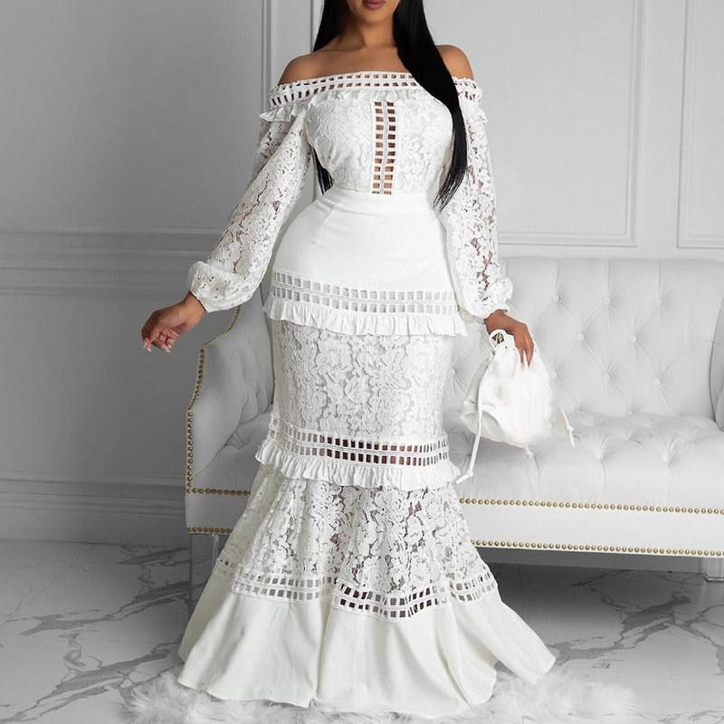 Fianao Party Dress Lace Patchwork Boat Neck Ruffle Design Long Dress for Banquet | Fruugo SG