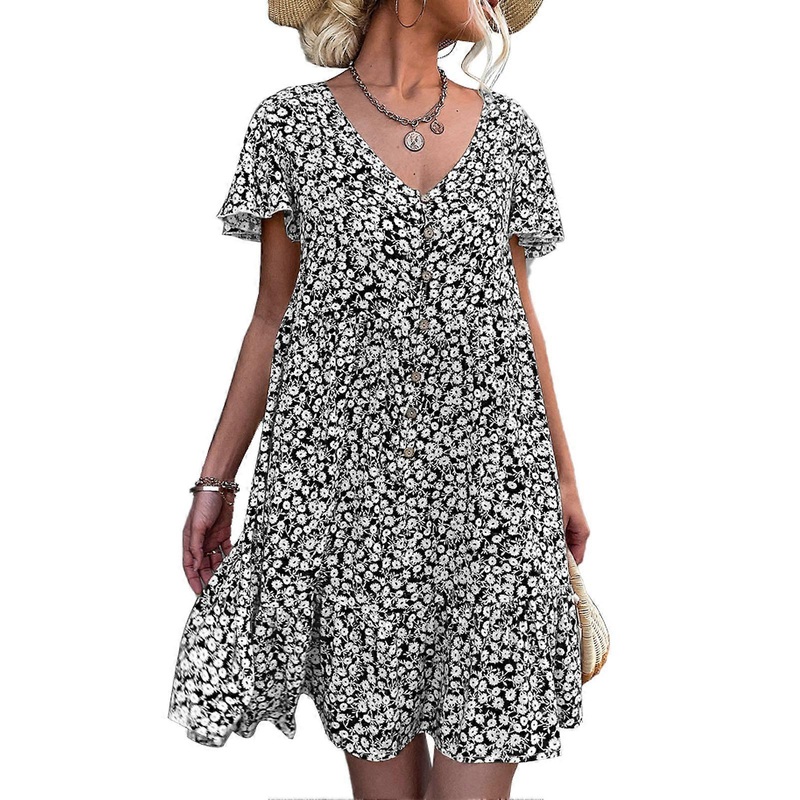 Floral Print V Neck Dress Flutter Short Sleeve Front Button Ruffle Hem Dress for Women Black S_-sy_-sy | Fruugo SG