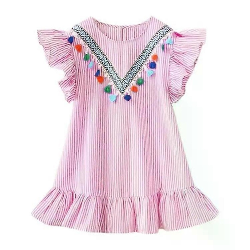Girls Ruffled Dress-3 PCS Neckline Tassel,Vertical Stripes,Pink 90cm Pink,90cm | Fruugo SG
