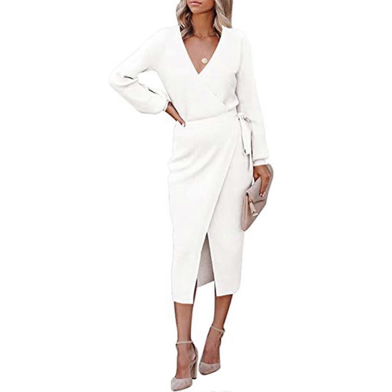 Ladies’ Tie Waist Knit Dress with V Neck Elegant and Stylish Split Mini Dress Long Sleeve Dresses  White XL | Fruugo SG