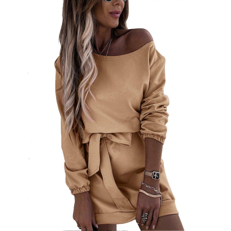 Long Sleeve Belted Dress Soft Breathable Casual Fashion Crew Neck Short Dress for Office Date Daily Khaki L_-sy_-sy | Fruugo SG