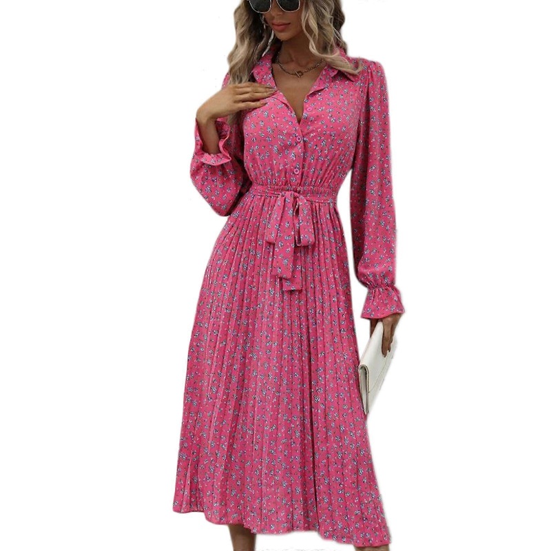 Long Sleeves Flower Printed Dress V-Neck Shirts Dresses Bodycon Sexy Dress Button Down Outfit Women Office Cloth  rose Red XL | Fruugo SG