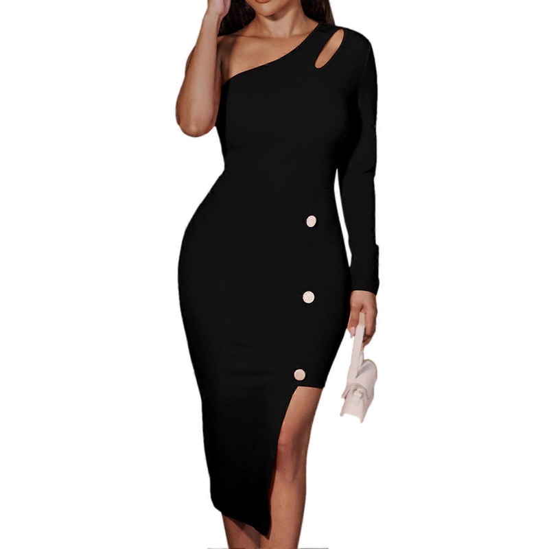 One Shoulder Dress Irregular Hem Bodycon Cutout Dresses Long Sleeve Elegant Dress for Women Black XL_-sy_-sy | Fruugo SG