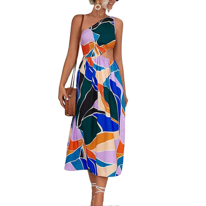 One Shoulder Dresses Fashionable Elegant Printing High Waist Hollow Women Sleeveless Summer Dress for Party Beach Blue S_-sy_-sy | Fruugo SG