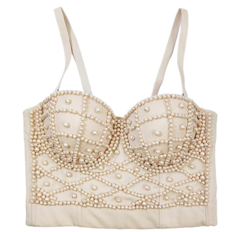 Stylish Women’s Pearls Adorned Sleeveless Top Cami With Fishbone Detail And Backless Design Strap Crop Tops For Parties  95 apricot | Fruugo SG