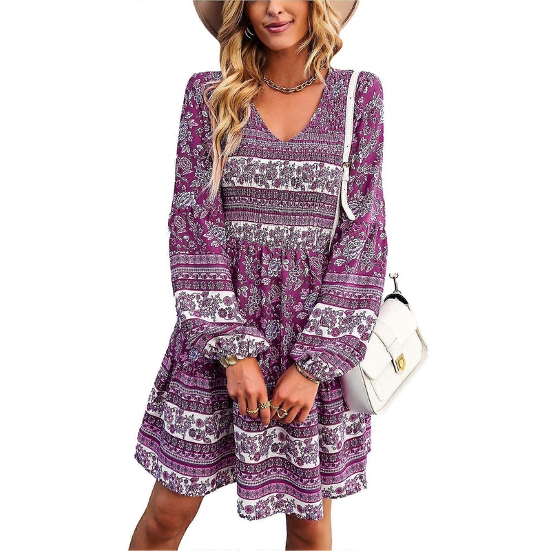 V Neck Long Puff Sleeve Dress Women Fashionable Elegant Stretch Shirred Floral Print Dress for Beach Party Purple S_-sy_-sy | Fruugo SG