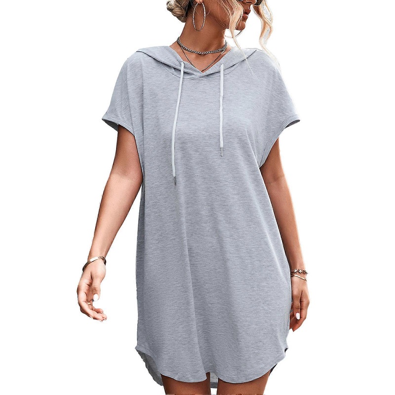 Wome Hooded Dress Summer Casual Solid Color Loose Waist Wrap Hem Pullover Drawstring Sweatshirt | Fruugo SG
