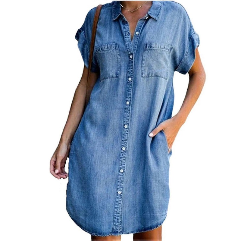 Women Denim Shirt Short Sleeve Dresses Casual Loose V-Neck Midi Jean Dress Tunic Distressed Button D | Fruugo SG