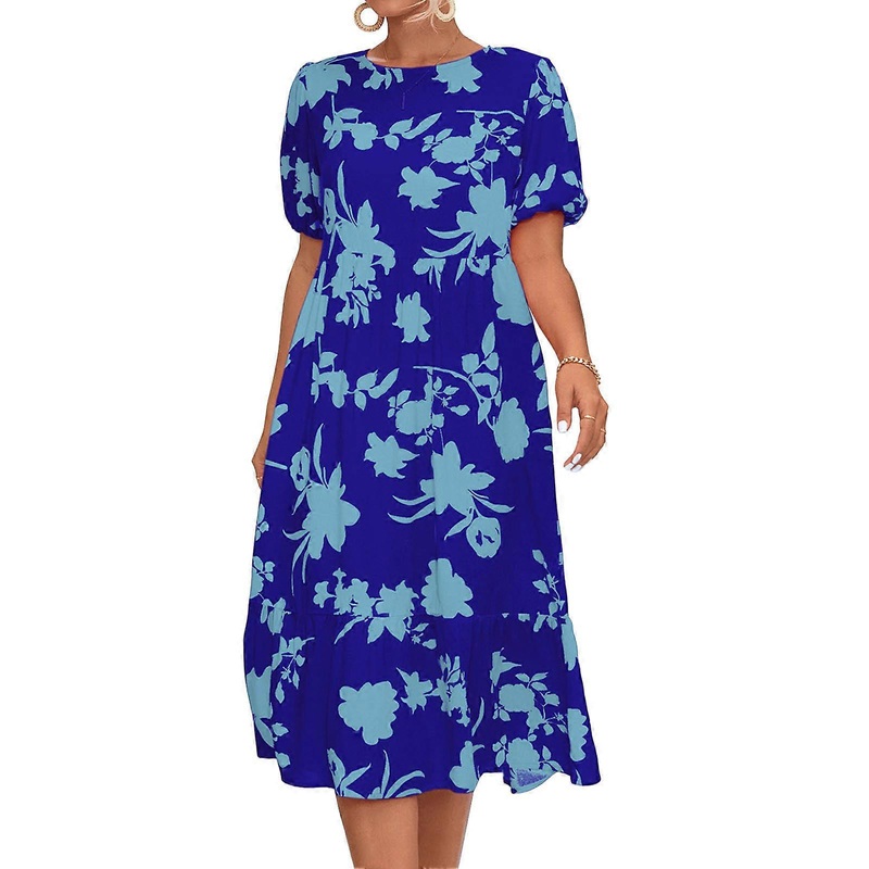 Women Dress Short Lantern Sleeve Round Neck Loose Hem Breathable Print Casual Dress for Spring Summer Royalblue M_-sy_-sy | Fruugo SG