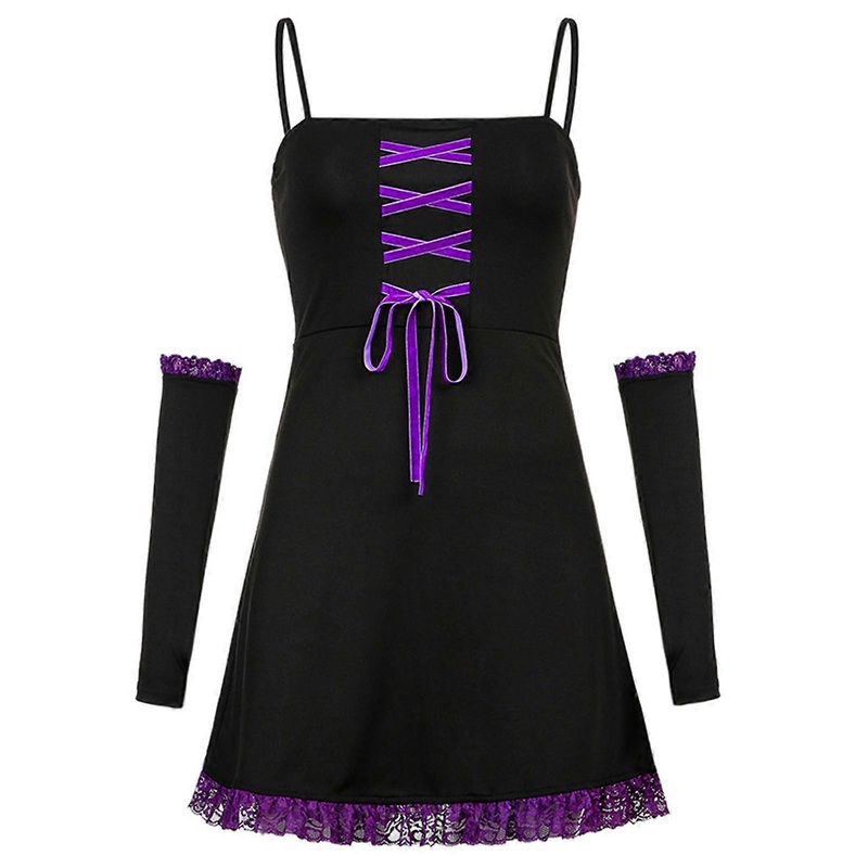 Women Gothic Sexy Spaghetti Strap Slim Mini Dress with Arm Sleeves Ruffled Lace Trim High Waist Bandage Front Streetwear  M | Fruugo SG