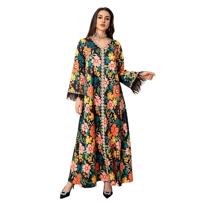 Women Middle East Dress Islamic Robe Thobe Comfortable Full Length Dress Muslims Dress Flower Printed Dress Abaya Dress  Black S | Fruugo SG