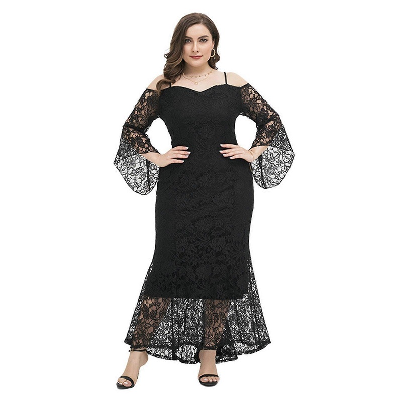 Women Off Shoulder Slim Fit Maxi Long Dress Solid Color 3/4 Sleeve Ruffles Asymmetrical Hem Lace Overlay Cocktail Gown  Black XL | Fruugo SG