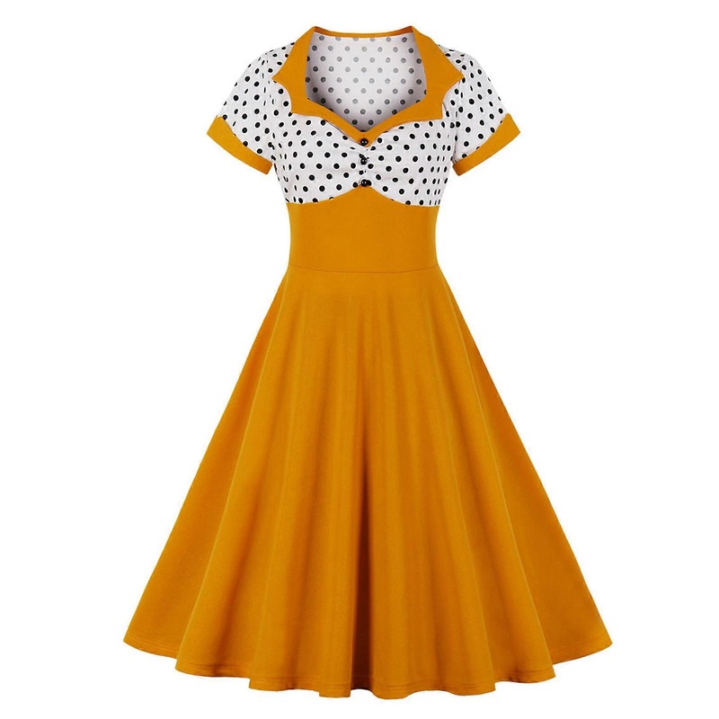 Women Retro Short Sleeve Colorblock Polka Dot Square Neck Cocktail Swing Dress  Yellow XL | Fruugo SG