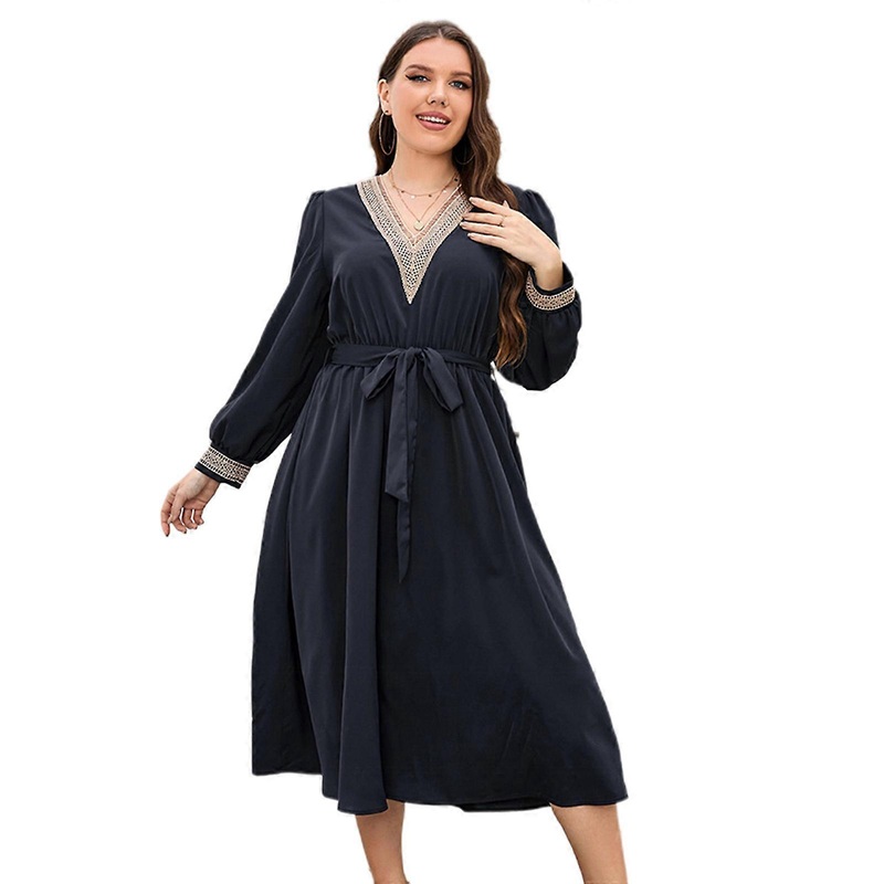Women’s Dress Deep V-Neck Long Sleeve Waist Tie Swing Dresses Plus Size Casual Dress Party Wear  Navy blue XL | Fruugo SG