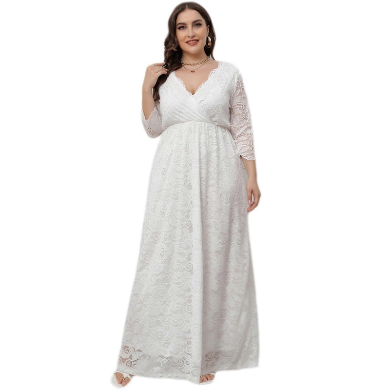 Women’s Lace Dress Elegant Evening Party Dress Plus Size Maxi Dress Chic Beach Dress Long Sleeves V Neck Holiday Dress  White XL | Fruugo SG