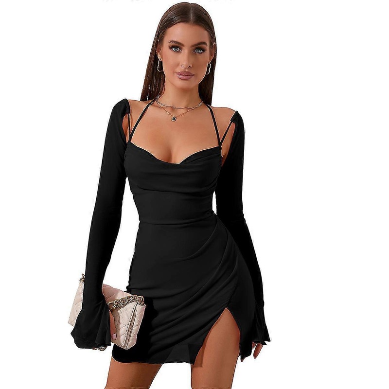 Women’s Mesh Halter Flounce Sleeves Ruched Mini Dress | Fruugo SG