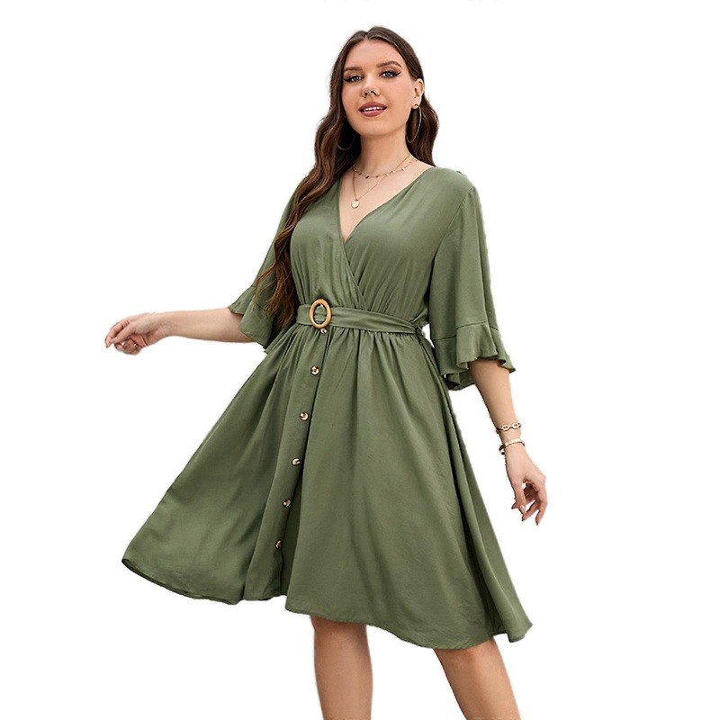 Women’s Plus Size Solid Color Wrap V Neck Short Sleeve A Line Dress Sexy V Neck Dresses  Green XL | Fruugo SG