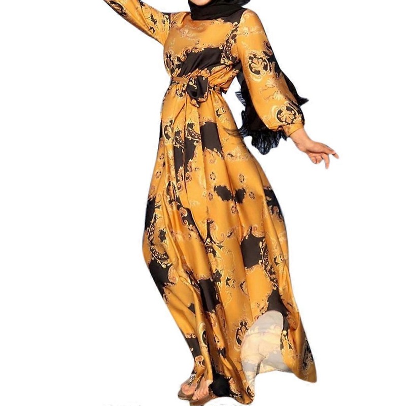 Women’s Round Neck  Muslim Dress Long Sleeve Maxi Robe Abaya Elegant Islam Clothing with  Lace Up for Ordinary  yellow XL | Fruugo SG